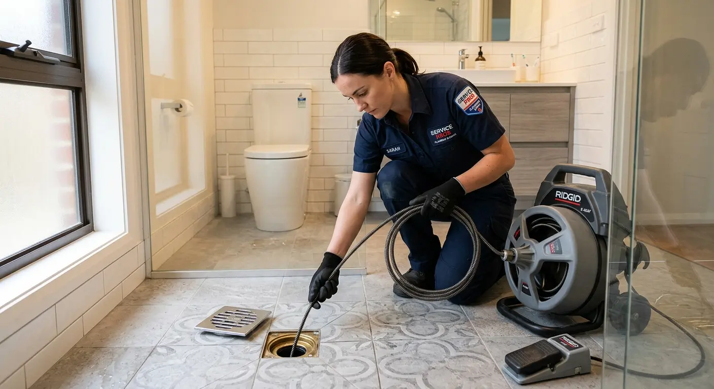 Technician clearing a bathroom floor drain for Drain Cleaning in Hazel Park